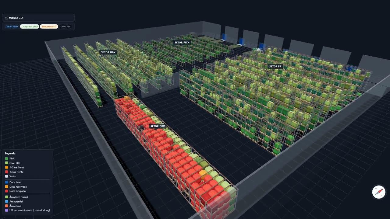 Mapa 3D em modo esforço de separação: o drive-in aparece em vermelho, com pallets que têm três ou mais na frente, e o porta-pallet em verde