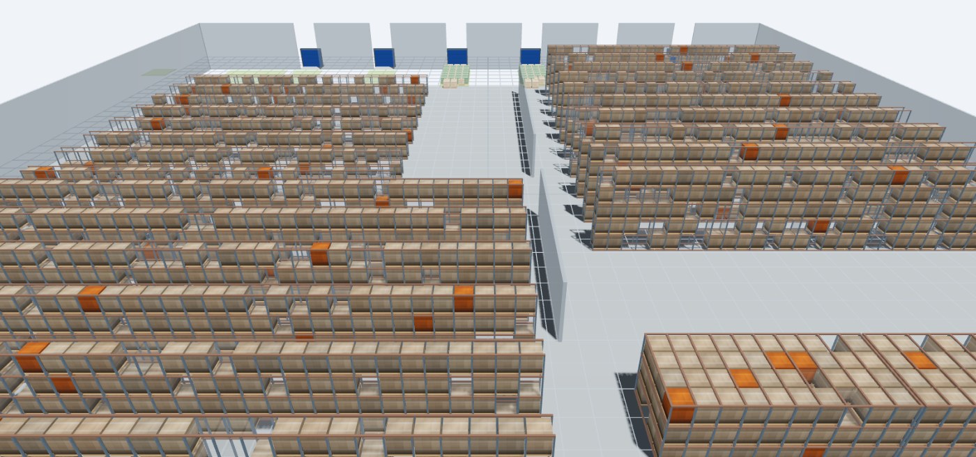 Gêmeo digital 3D de um centro de distribuição no AtomWMS: corredores de porta-pallets com a carga em tom de papelão, laranja marcando o saldo bloqueado, docas ao fundo e um bloco de drive-in à direita